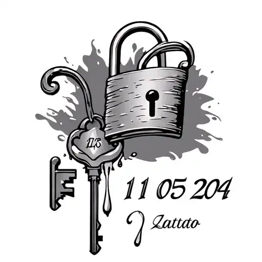 a tattoo with the date 11 05 2004 written in italian style with a key and a lock and some tears dropping in the side tattoo design idea