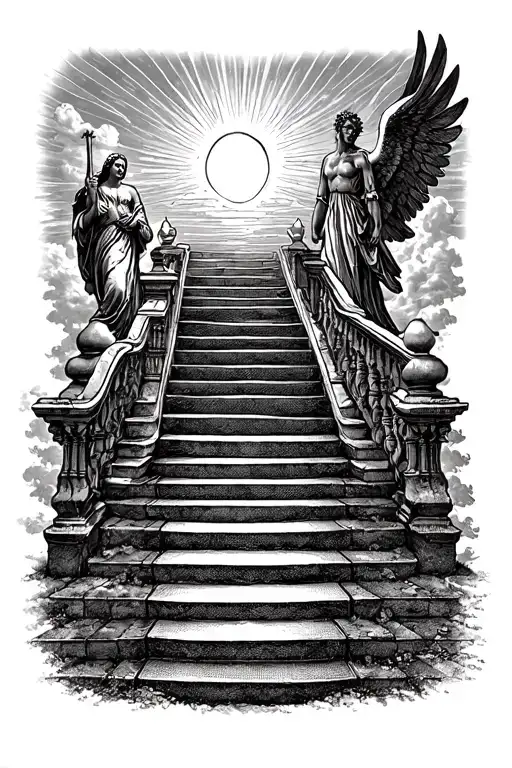 Stairway To Heaven Walking Up Stairs Angels Sun Rays Clouds Heaven Gate At The Top Of The Stairs Tattoo tattoo design idea