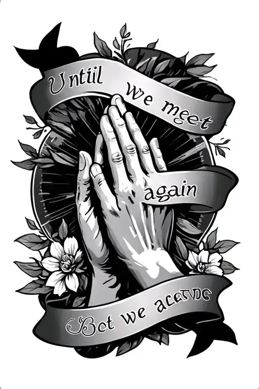 praying hands, banner "until we meet again", psalm tattoo design idea
