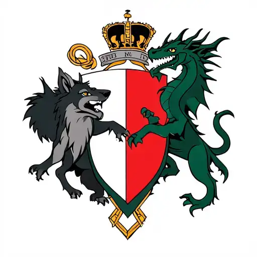 Family Crest with wolf on the left of the shield and dragon on the right  tattoo design idea