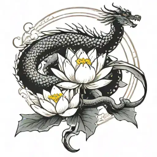 A lotus flower blooming at the peak of a mountain, with a dragon coiled around it tattoo design idea