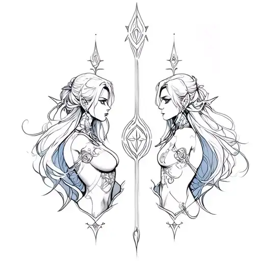 Create a symbolic tattoo design inspired by the world of Arcane. The image should feature Jinx and Vi in a dynamic tattoo design idea