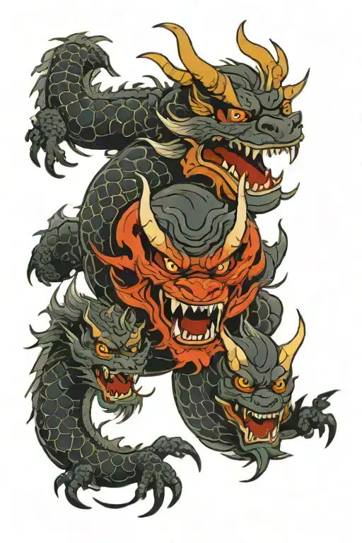 two dragons and a oni mask tattoo design idea