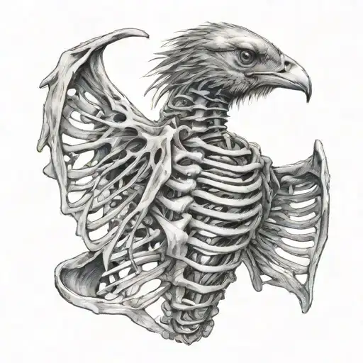 hyper realistic drawing, bird trapped inside ribcage trying to escape, left side view of ribs, close grid, only ribs tattoo design idea