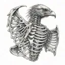 hyper realistic drawing, bird trapped inside ribcage trying to escape, left side view of ribs, close grid, only ribs tattoo design idea
