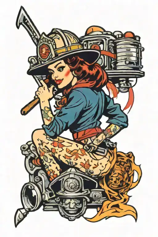 pin up girl firefighter tattoo design idea