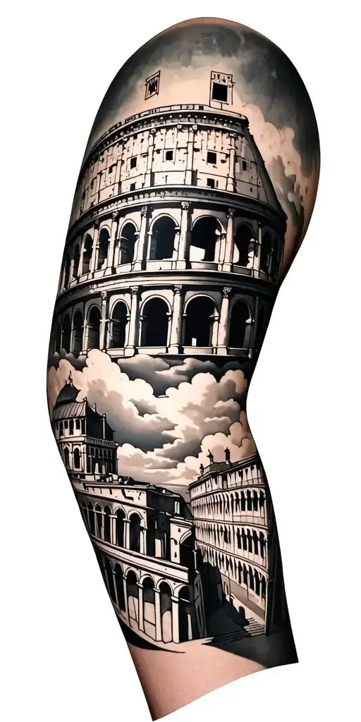 Create an Italian themed leg sleeve. Including Italy’s famous buildings. Coliseum in Rome and Palazzo Vecchio in Firenze tattoo design idea