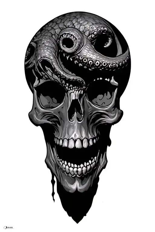 skull and kraken attacking tattoo design idea