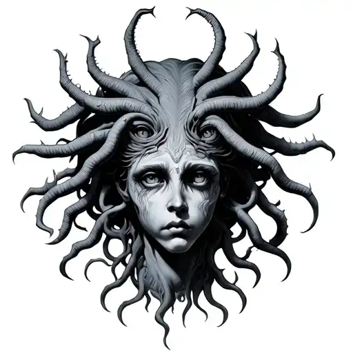 Medusa with the head of someone else without eyes with spikes tattoo design idea