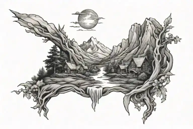 a narrow band around the upper arm. it shows landscapes from middle earth, a hobbit hole, mountains, forests, river.  tattoo design idea