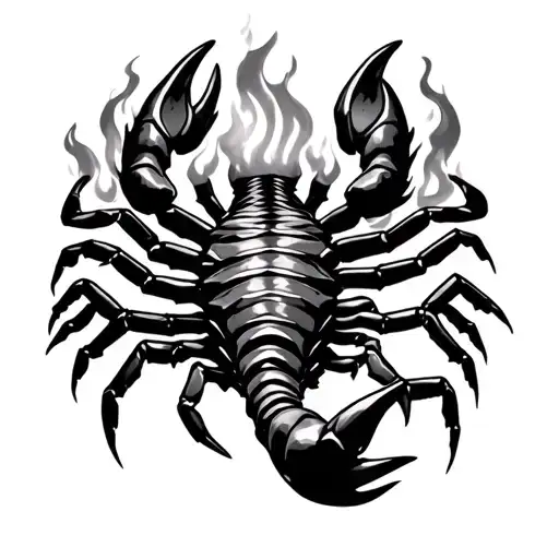 A 3D scorpion that is burning, like it's on fire and flames for something — as if it absolutely wants something. It shou tattoo design idea