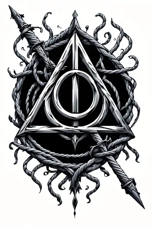 Metal deathly hallows symbol with wand made of cables tattoo design idea