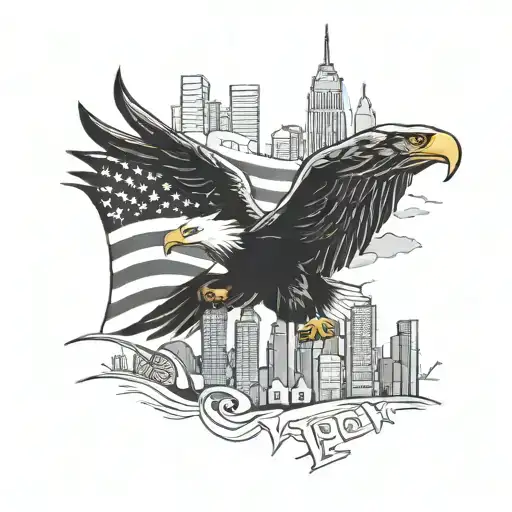 New York City skyline, police officer saluting, American flag, eagle tattoo design idea