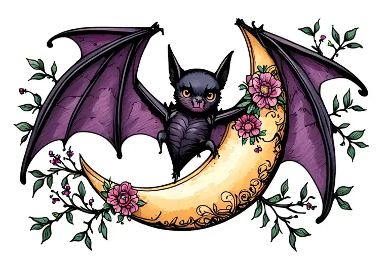 bat with open wings crescent moon with dainty floral stems tattoo design idea