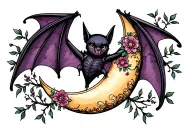 bat with open wings crescent moon with dainty floral stems tattoo design idea
