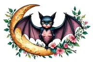 bat with open wings crescent moon with dainty floral stems tattoo design idea