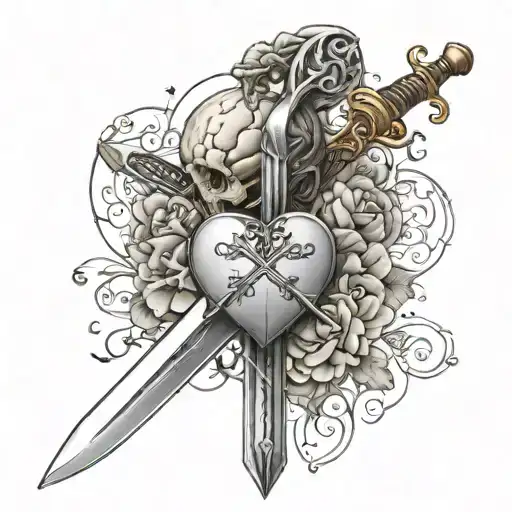 sword with balance weight scale holding a heart on one side and brain on the other tattoo design idea