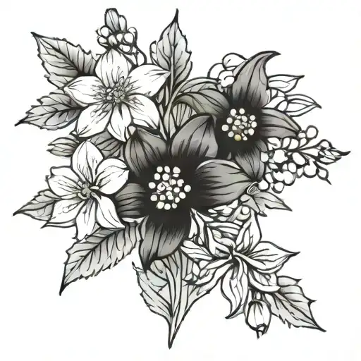 combination of the flowers: snow drop, daffodil, daisy, holly berry, violet,  cosmos  tattoo design idea