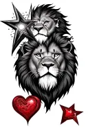 2 little hearts around a star and a head lion tattoo design idea