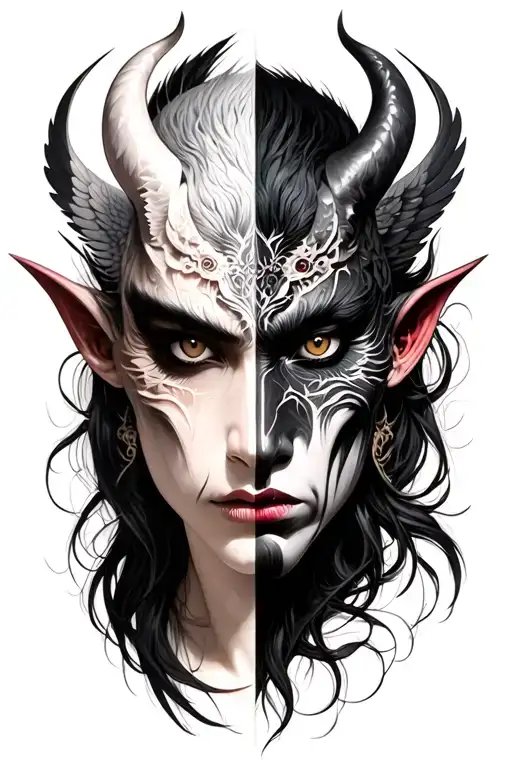 Half -angel face half Japanese demon tattoo design idea