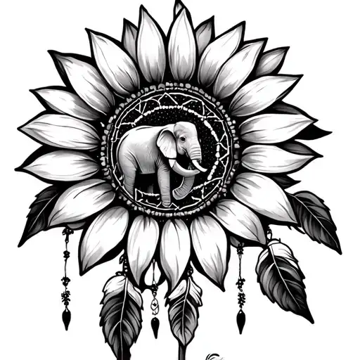 a sunflower designed with a dreamcatcher and a elephant in the middle of the dreamcatcher tattoo design idea