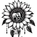 a sunflower designed with a dreamcatcher and a elephant in the middle of the dreamcatcher tattoo design idea