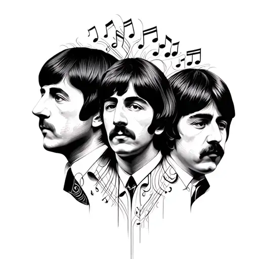 A surrealistic portrait of the Beatles members intertwined with musical notes and instruments tattoo design idea