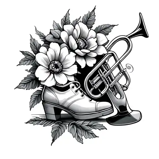incorporate a flower, a dancing shoe, a trombone instrument and a trowel tattoo design idea