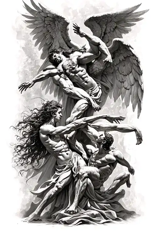 Demons vs angel fight scene tattoo design idea