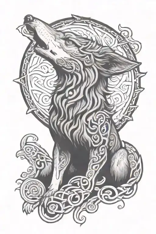 Celtic wolf howling at the moon tattoo design idea