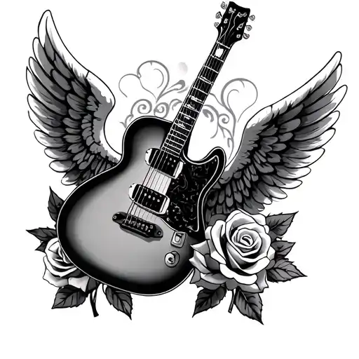 personalized memorial tattoo of Guitar With Angel Wings & Roses  tattoo design idea