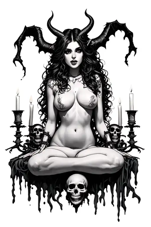 sexy full body nude demon woman surrounded by skulls and candlesticks tattoo design idea