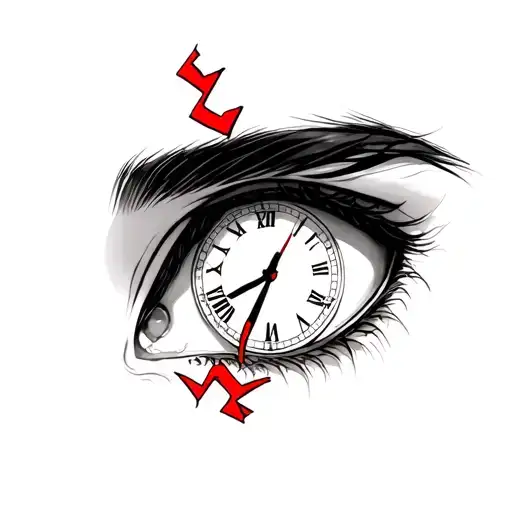 clock inside in left anime eye and broken heart in right anime eye tattoo design idea