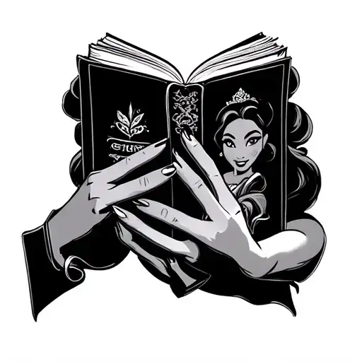 disney Tiana pinup tattooed hand holding books surrounded tattoo design idea