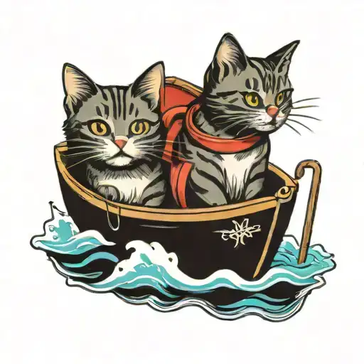 traditional tattoo image of 2 cats in a small boat on water with only their heads popping out of the top of the boat tattoo design idea