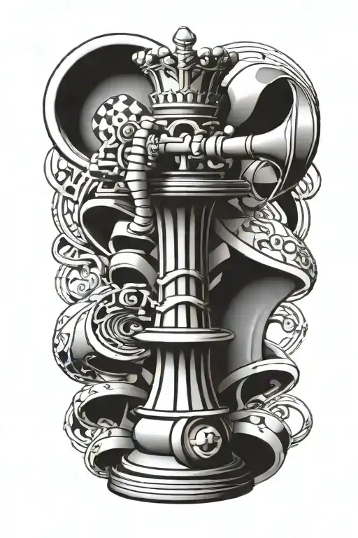 A trumpet intertwined with king chess piece tattoo design idea