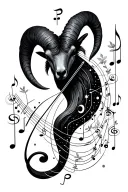 A cosmic Aries constellation intertwined with musical notes and nature elements tattoo design idea