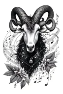A cosmic Aries constellation intertwined with musical notes and nature elements tattoo design idea