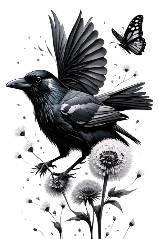 Crow chasing butterfly, dandelions in sun tattoo design idea