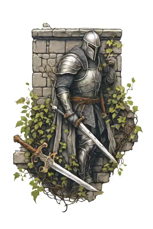 dead knight leaning against a medieval cobblestone wall with creeping vines growing over him and his sword tattoo design idea