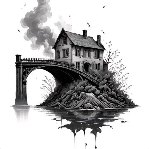 Burning bridge, and a home in ashes. new growth and greenery coming up from the earth  tattoo design idea