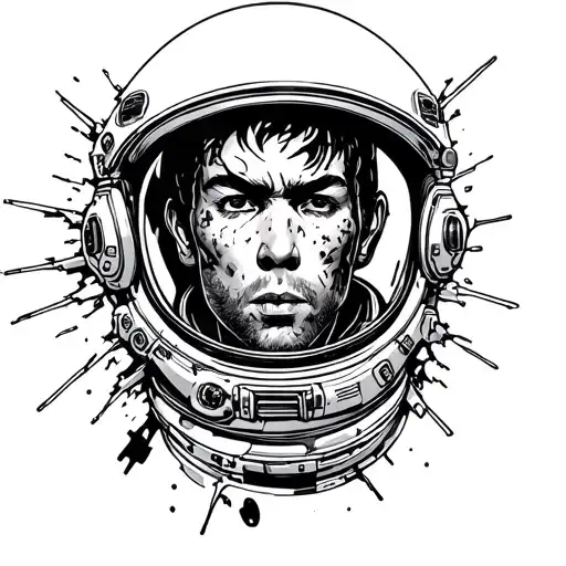 astronaut visor shattering with makima from chainsaw man face inside. traditional style. tattoo design idea