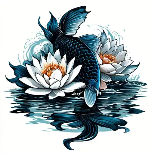 Black and blue Koi fish swimming upstream with  Lotus flowers and cursive font style, my brothe keeper tattoo design idea