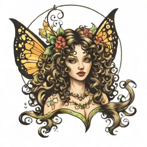 fairy with curly hair tattoo design idea