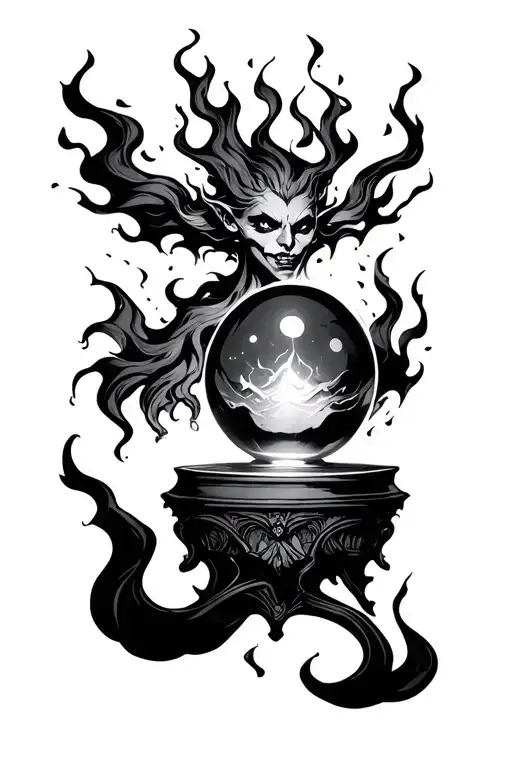 A genie-like ghost, looking like a flame who lives in a crystal ball and burst out of the crystal ball tattoo design idea