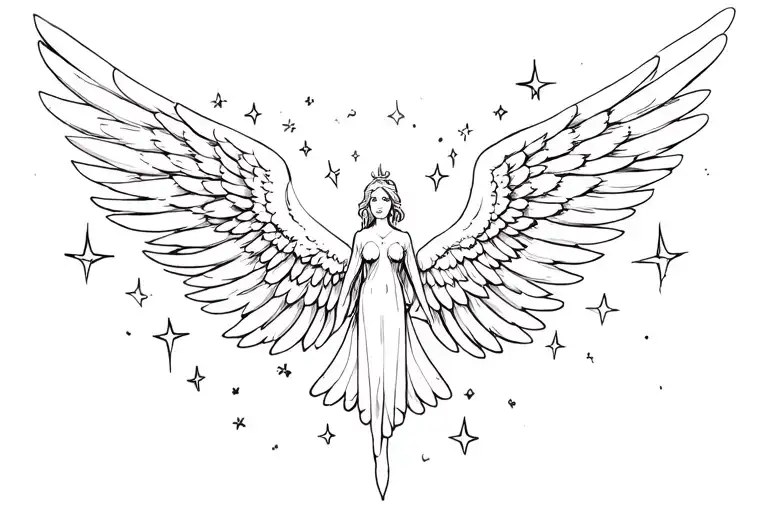 animated stars around angel wings tattoo design idea