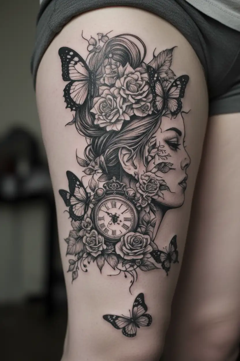 resilient woman with clock butterflies flowers feathers tattoo design idea