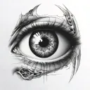 realistic eye with a war background inside the eye tattoo design idea