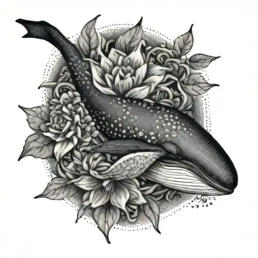 flower and humpback whale swimming tattoo design idea