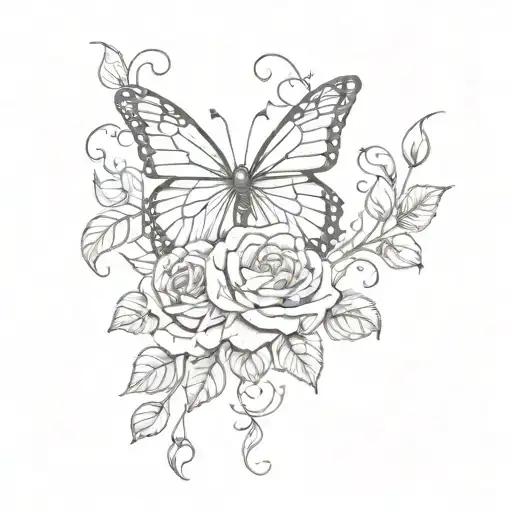 straight vine of roses but the vines are smoke and there is a butterfly at the top with skull patterned wings  tattoo design idea